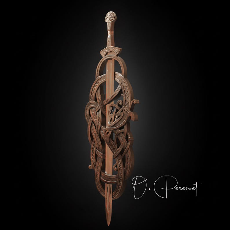 BLACK FAFNIR: met de hand gesneden Viking-slangenzwaardtroon – hoge dichtheid hardhouten wanddisplay van museumkwaliteit afbeelding 5