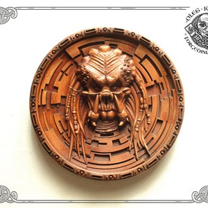 Predator wood carved portrait, Wood carved wall hanging, Alien monster wooden statue, Predator wood plaque, Predator horror movie decor,