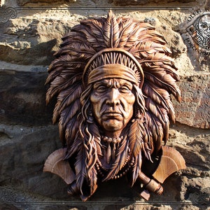 木彫りのネイティブアメリカンの頭蓋骨の飾り板、イロコ族の壁画