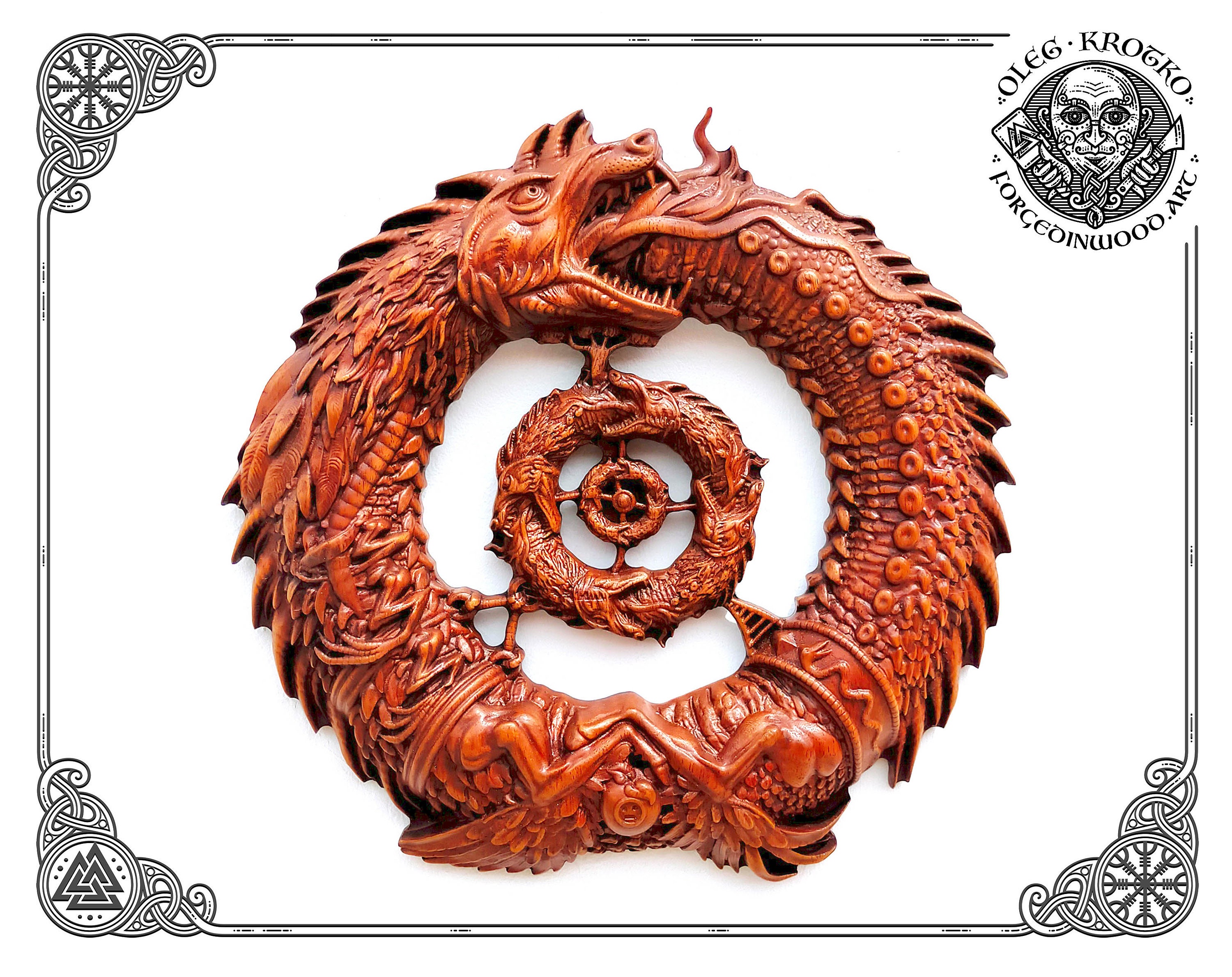 Hand Carved Ouroboros Dragon, Norse Mythology Iroko Wood Wall