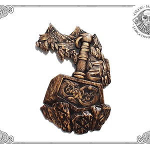 Thor Hammer Viking Wall Art: Majestic Mjolnir Carving with Norse Pagan Runes made with Odin’s Blessing. Perfect Gift for Viking Enthusiasts!