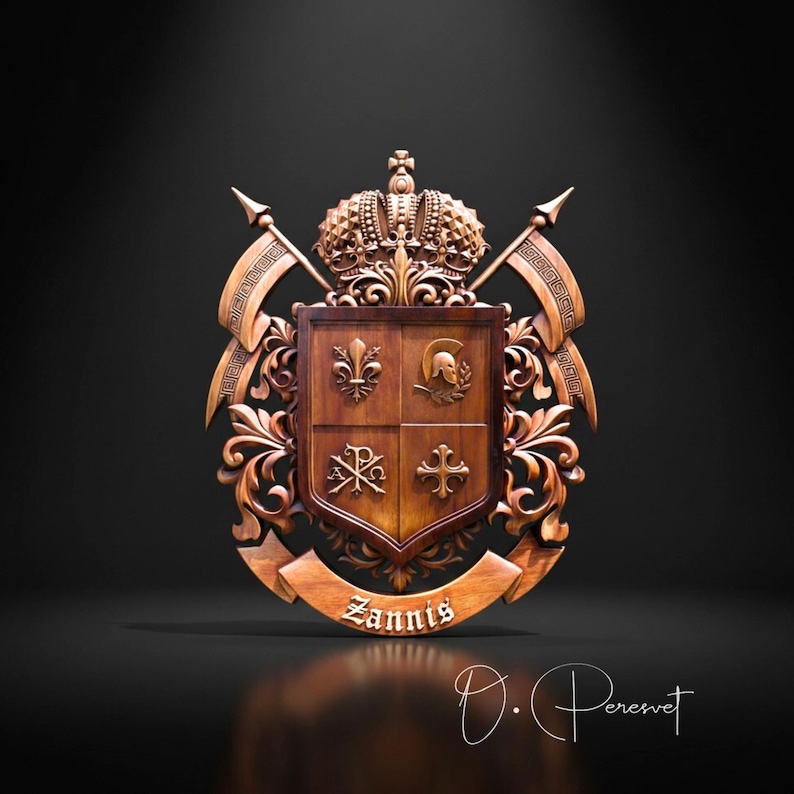 Custom Family Crest Wood Carving, Bespoke Chi-Rho and Spartan Helmet Heraldry, Personalized Fleur-de-lis Coat of Arms, Christian Wall Art image 1