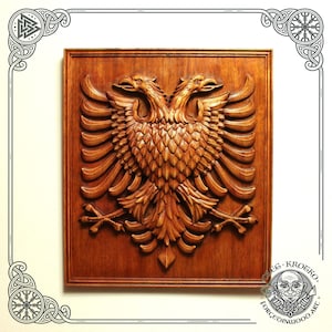 Albanian Coat of Arms, Hand-Carved Wooden Wall Decor, Heraldic Family Crest Art, Patriotic Blazon Masterpiece, Generational Family Heirloom