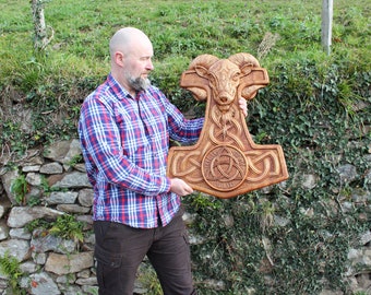 Thor Hammer Viking Wall Art: Majestic Mjolnir Carving with Norse Pagan Runes made with Odin’s Blessing. Perfect Gift for Viking Enthusiasts!