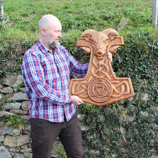 Thor Hammer Vikings Odin Norse Art Wood Picture Pagan Carving Heathen Asatru Celtic Norse Rune Wall Hanging Ragnar Wood Carving Knotwork