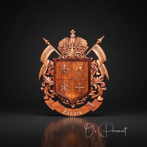Custom Family Crest Wood Carving, Bespoke Chi-Rho and Spartan Helmet Heraldry, Personalized Fleur-de-lis Coat of Arms, Christian Wall Art image 4