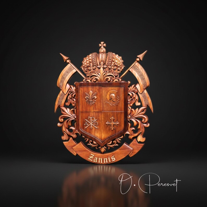 Custom Family Crest Wood Carving, Bespoke Chi-Rho and Spartan Helmet Heraldry, Personalized Fleur-de-lis Coat of Arms, Christian Wall Art image 4