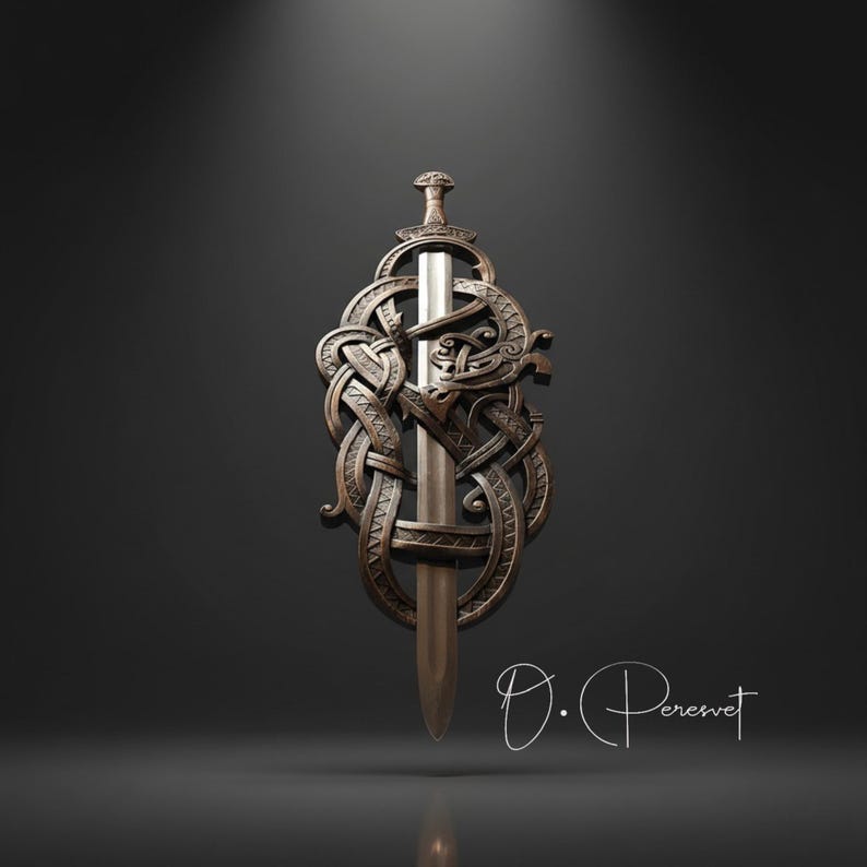 BLACK FAFNIR: met de hand gesneden Viking-slangenzwaardtroon – hoge dichtheid hardhouten wanddisplay van museumkwaliteit afbeelding 4