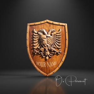 Handcarved Gjergj Kastrioti Albanian Coat of Arms, Wooden Wall Decor