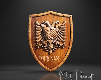 Handcarved Gjergj Kastrioti Albanian Coat of Arms, Wooden Wall Decor, Double-Headed Eagle Shield, Skanderbeg Memorial Gift, Bespoke Wood Art