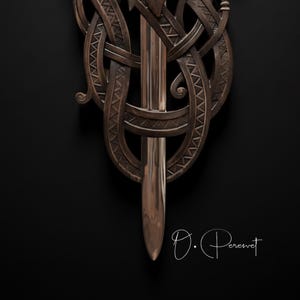 BLACK FAFNIR: met de hand gesneden Viking-slangenzwaardtroon – hoge dichtheid hardhouten wanddisplay van museumkwaliteit afbeelding 14