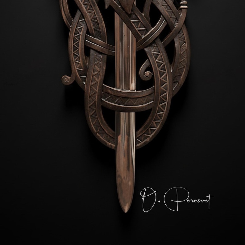 BLACK FAFNIR: met de hand gesneden Viking-slangenzwaardtroon – hoge dichtheid hardhouten wanddisplay van museumkwaliteit afbeelding 14