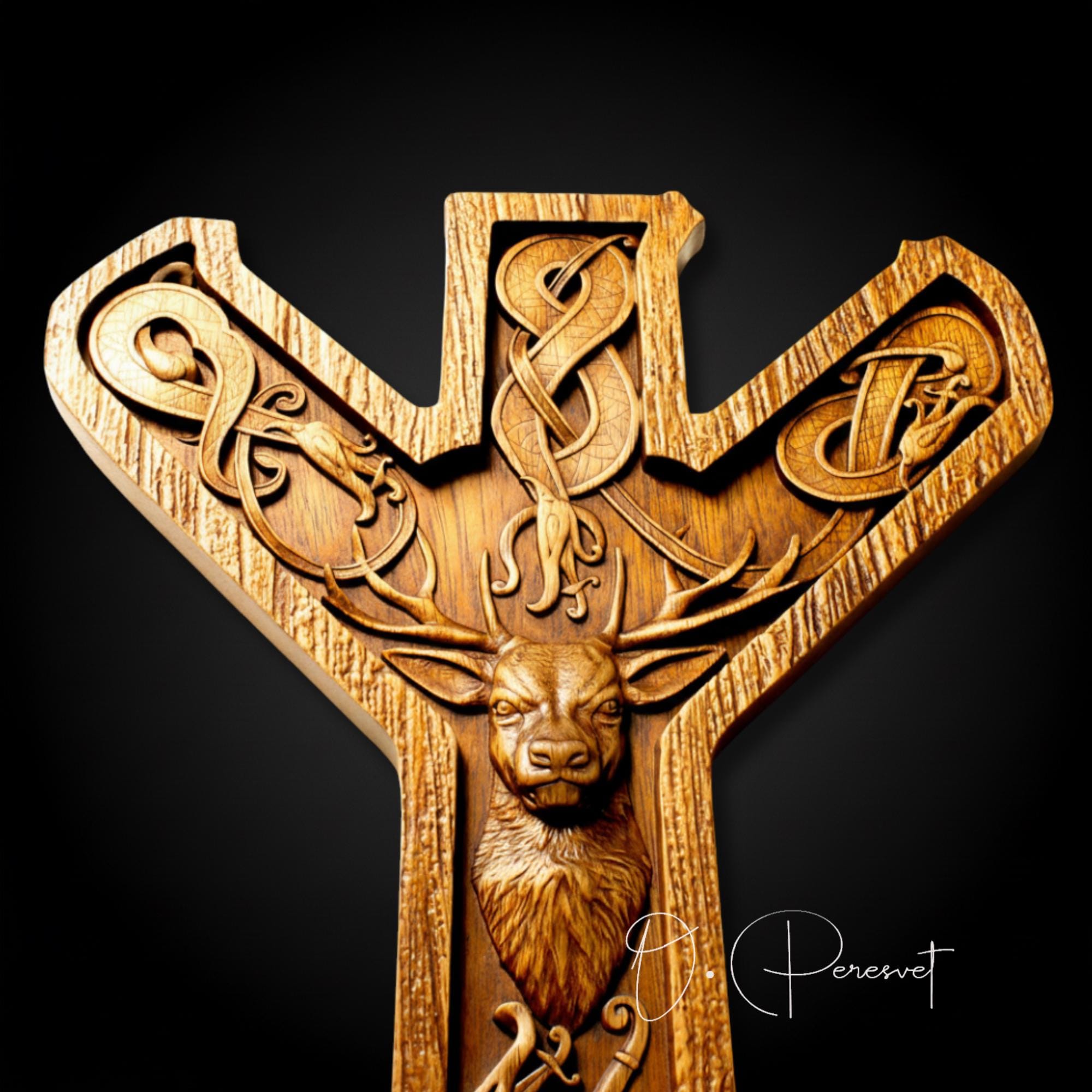 Algiz Rune Wood Carving, Protection Symbol Plaque, Stag Spirit Art ...