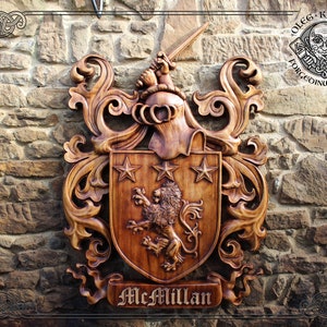 Example of Family Heraldic Symbols Coat Arms Custom Artwork Middle Ages Art Heraldry Crest Decor Hanging Wood Carving Picture Wall Decor