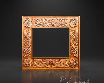 Handmade Celtic Knot Wood Carving Frame, Norse Viking Decor