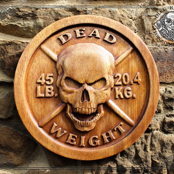 Skull Wood Carving, Powerlifting Plate, Gym Decor, Wall Woodwork, Wall Hanging, Wooden Plague, Man Cave Decor, Weightlifting Art, Deadlift