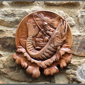 PIKE FISHING - Graceful wood carving picture, Wild life wall art, Fisher fift, Cabin rustic home decor, Carving wall hanging, Rustic art