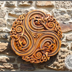 Dragon Symbol Trisquel Wall Hanging: Viking Wooden Plaques with Celtic and Norse Patterns - Home Decor Art, Pagan Carvings, Heathen Style