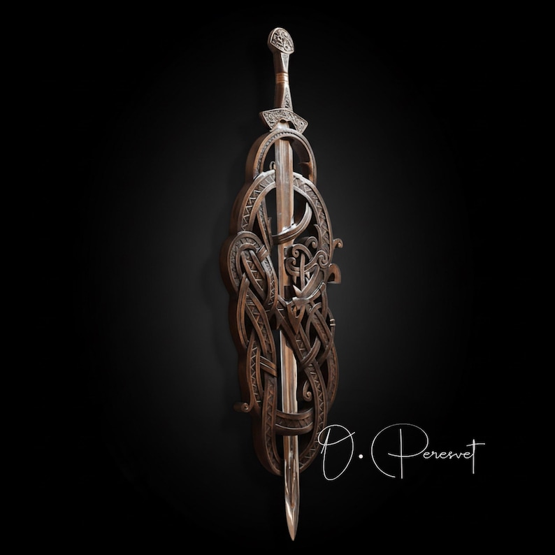 BLACK FAFNIR: met de hand gesneden Viking-slangenzwaardtroon – hoge dichtheid hardhouten wanddisplay van museumkwaliteit afbeelding 6