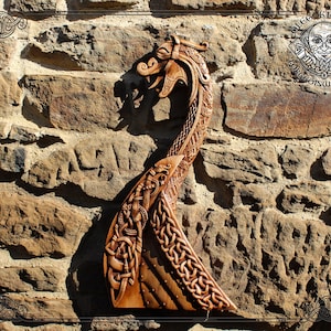 Wood carved drakkar, Viking boat wooden plaque, Norse home decor, Viking mythology wall hanging, Norse gods boat, Celtic wood carved knot.