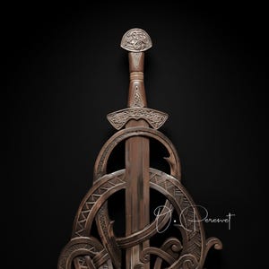 BLACK FAFNIR: met de hand gesneden Viking-slangenzwaardtroon – hoge dichtheid hardhouten wanddisplay van museumkwaliteit afbeelding 15