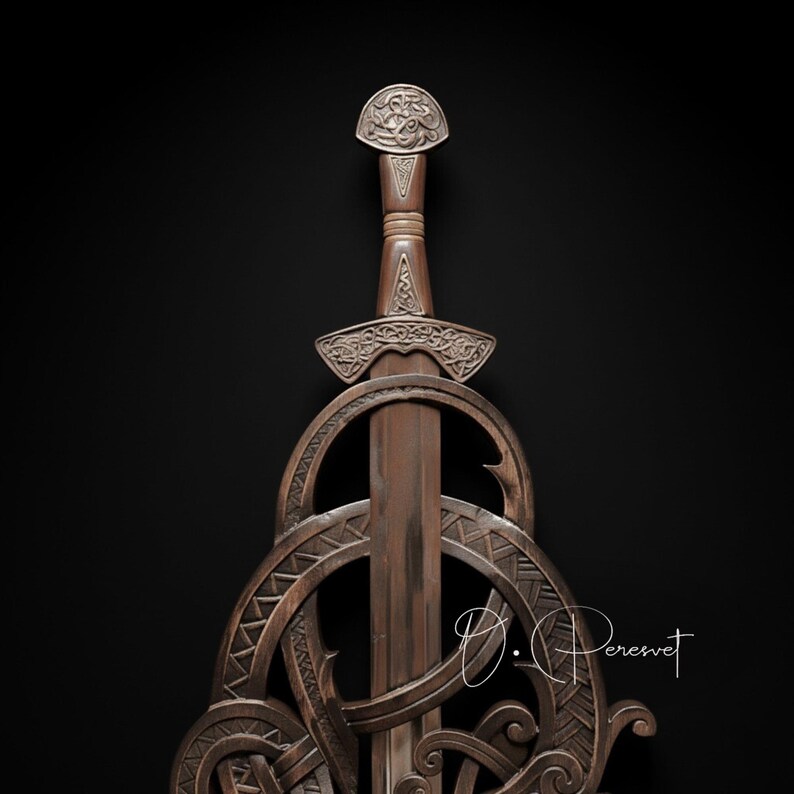 BLACK FAFNIR: met de hand gesneden Viking-slangenzwaardtroon – hoge dichtheid hardhouten wanddisplay van museumkwaliteit afbeelding 15