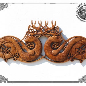Fantastic headboard, Celtic deers wood carved wall decor, Viking home wood carving, Norse wooden wall hanging art, Celtic animal ornament,