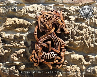 Carved Iroko Wood Fenrir Wall Hanging, Norse Mythology Viking Decor