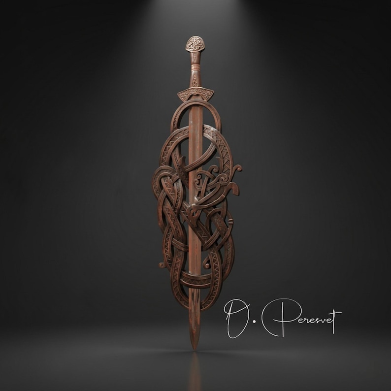 BLACK FAFNIR: met de hand gesneden Viking-slangenzwaardtroon – hoge dichtheid hardhouten wanddisplay van museumkwaliteit afbeelding 2