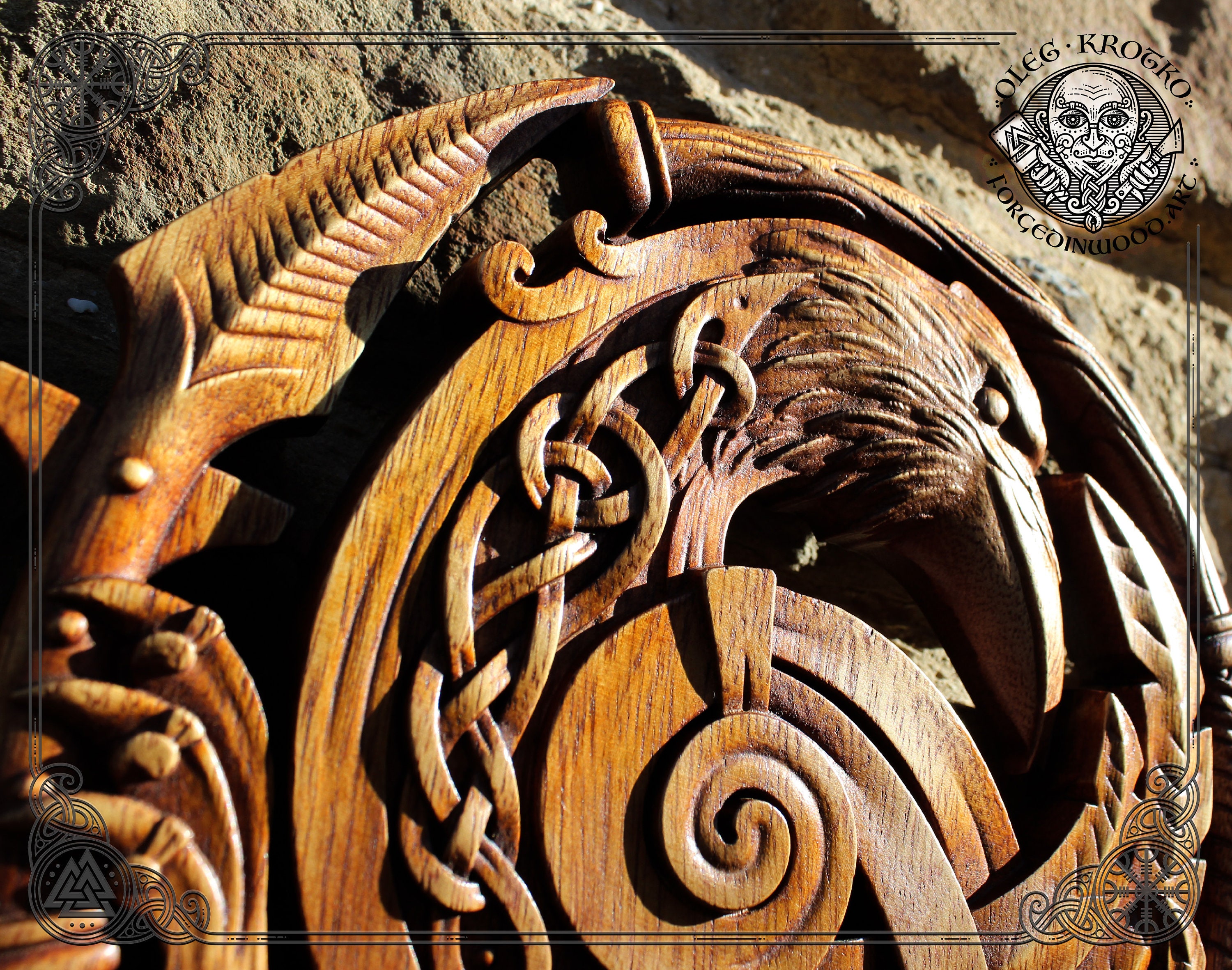 Raven Norse Wood Carving Man Cave Decor Vikings Wall Woodwork Art Odin Wall Hanging Heathen Wooden Plague Asgard Art Celtic Knotwork
