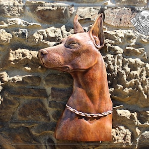 Luxury carved wooden Doberman portrait, Animal wood wall hanging, Dog home art decor, Wood carving housewarming gift, Man Cave Rustic