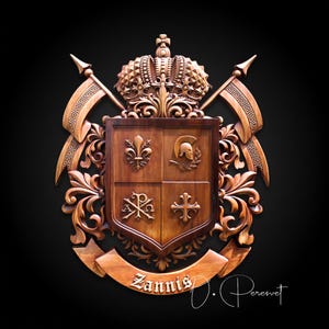 Custom Family Crest Wood Carving, Bespoke Chi-Rho and Spartan Helmet Heraldry, Personalized Fleur-de-lis Coat of Arms, Christian Wall Art image 9