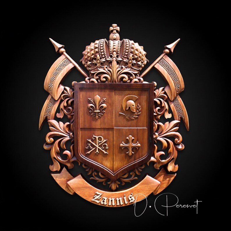 Custom Family Crest Wood Carving, Bespoke Chi-Rho and Spartan Helmet Heraldry, Personalized Fleur-de-lis Coat of Arms, Christian Wall Art image 9