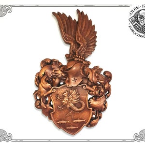 Example of Luxury Coat Arms, Family Heraldic Symbols, Custom Wood Artwork, Heraldry Art Crest Decor, Hanging Wood Carving Picture Wall Decor