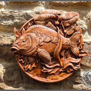 MIRROR CARP - Graceful wood carving picture, Wild life wall art, Fisher gift, Cabin rustic home decor, Fishing carving wall hanging art