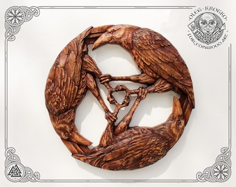 Hand Carved Raven Trisquel Iroko Wood Plaque, Viking Decor