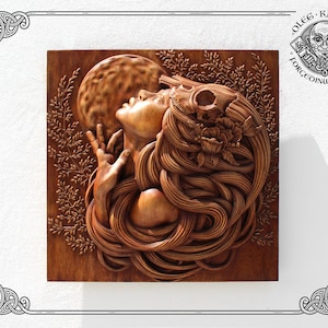 Gorgeous expressive Shaman Witch, Fantasy story, Cute carved picture, Sweet romantic gift, Wall hanging art, Wooden decor, Woman decor art.