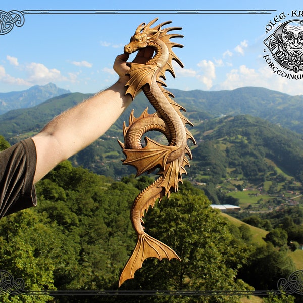 Dragon d’eau Animal fantastique personnalisé sculpture sur bois Art mural nordique rustique cadeau chasseur cabine celtique païen maison tenture murale Viking