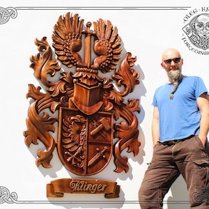 Example of Luxury Coat Arms, Family Heraldic Symbols, Custom Wood Artwork, Heraldry Art Crest Decor, Hanging Wood Carving Picture Wall Decor