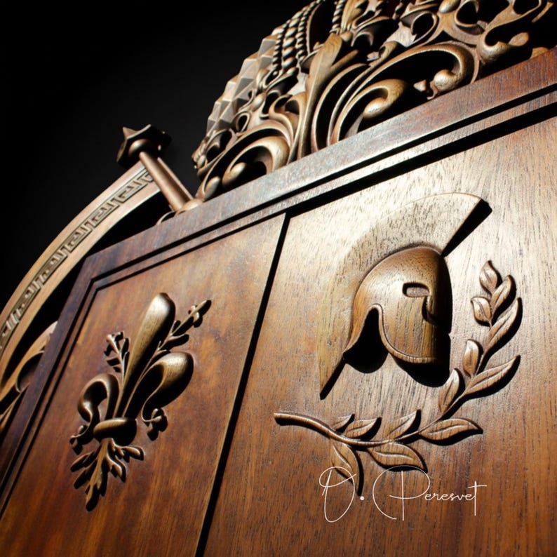 Custom Family Crest Wood Carving, Bespoke Chi-Rho and Spartan Helmet Heraldry, Personalized Fleur-de-lis Coat of Arms, Christian Wall Art image 13
