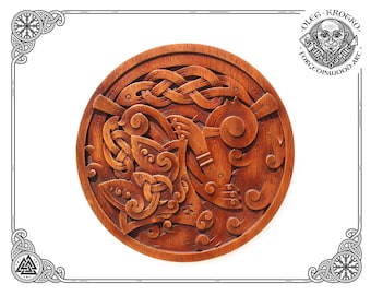 Cute celtic fox wood carved plaque, Celtic knotwork animal design, Norse Wall Hanging, Viking Home Art Decor, Valhalla Carving Design