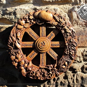 Wheel of the Year, Pagan Wiccan Calendar, Norse Wood Picture, Heathen Wood Work, Norse Wall Hanging Decor, Home Art, Spiritual Wooden Gift