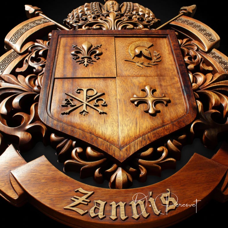 Custom Family Crest Wood Carving, Bespoke Chi-Rho and Spartan Helmet Heraldry, Personalized Fleur-de-lis Coat of Arms, Christian Wall Art image 10