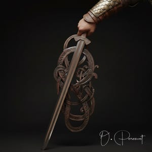 BLACK FAFNIR: met de hand gesneden Viking-slangenzwaardtroon – hoge dichtheid hardhouten wanddisplay van museumkwaliteit afbeelding 17