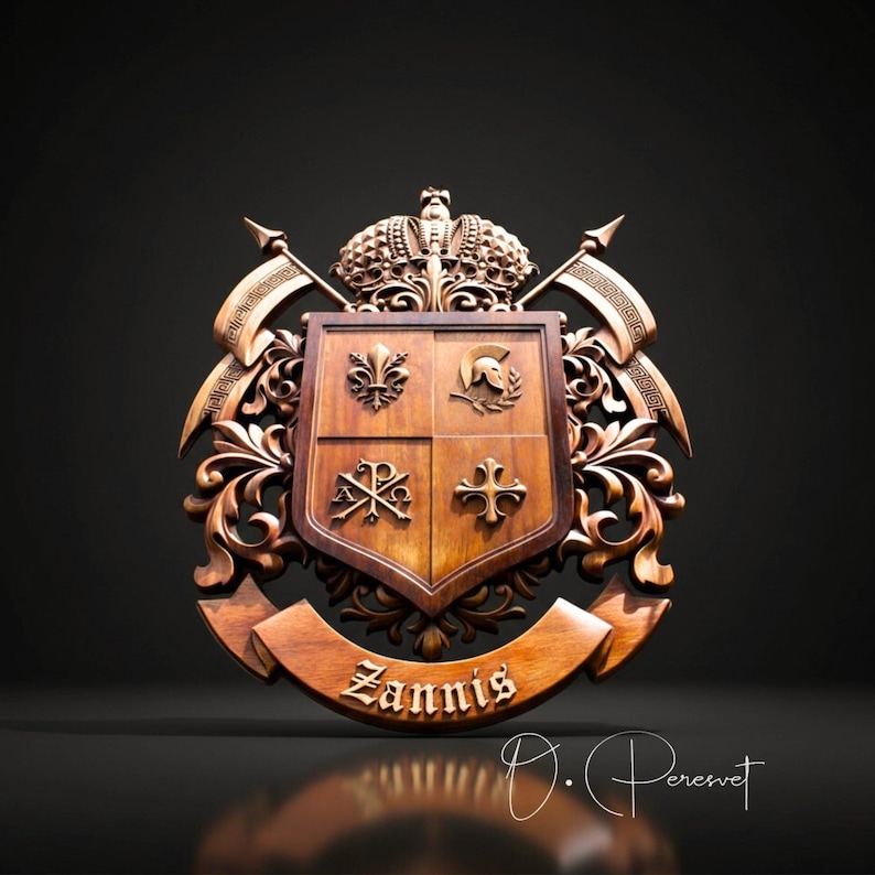 Custom Family Crest Wood Carving, Bespoke Chi-Rho and Spartan Helmet Heraldry, Personalized Fleur-de-lis Coat of Arms, Christian Wall Art image 5