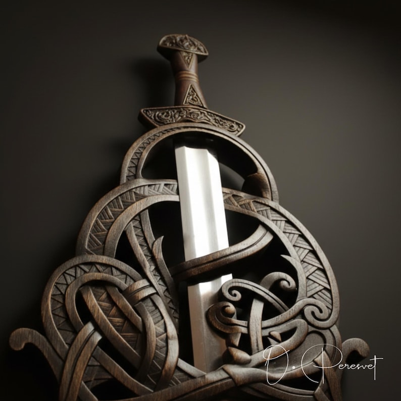 BLACK FAFNIR: met de hand gesneden Viking-slangenzwaardtroon – hoge dichtheid hardhouten wanddisplay van museumkwaliteit afbeelding 16