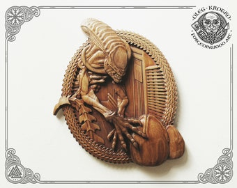 Hand Carved Iroko Wood Alien Plaque, Horror Movie Decor