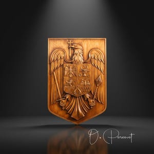 Custom Wood Carving Coat of Arms, Rumania Crest, Heraldic Wall Art