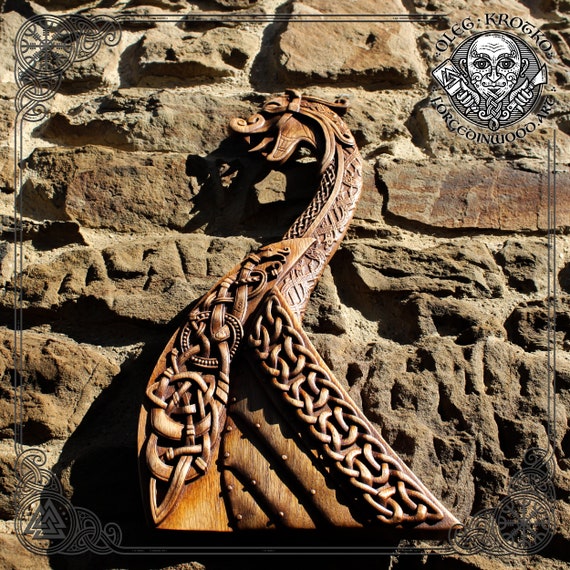 Drakkar sculpté en bois, plaque en bois de bateau viking, décoration  scandinave, tenture murale mythologique viking, bateau des dieux  scandinaves, noeud celtique sculpté en bois. -  France