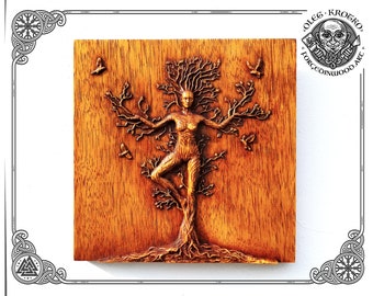 Treewoman Carving Picture, Wood Nymph Wall Hanging, Heaten Home Decor, Elf Pagan Art, Forest Nature Spirit Plaque, Druids Celtic Mytology